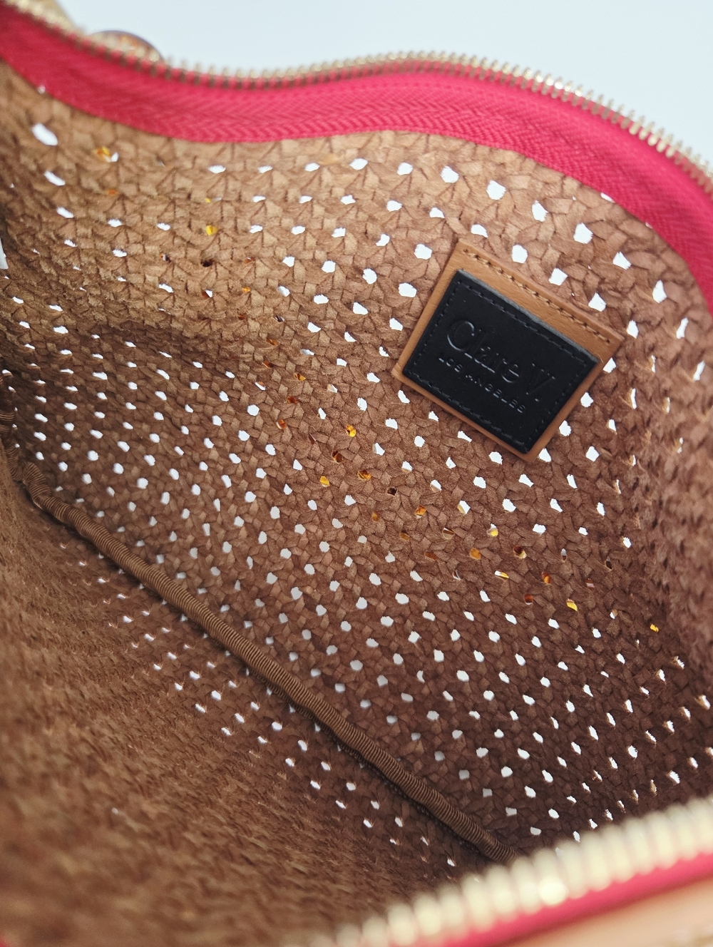 CLARE V FLAT CLUTCH BAG WITH TABS - TAN RATTAN LEATHER + TORTOISE RESIN SHORTIE - Picture 6 of 11